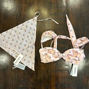 Montce Light Pink Cherry Print Bikini & Scarf